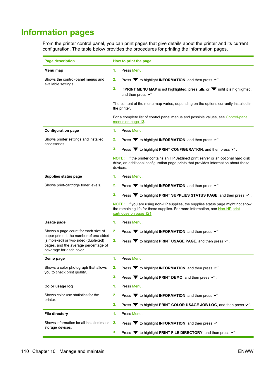 Information pages | HP Color LaserJet CP3505 Printer series User Manual | Page 122 / 226