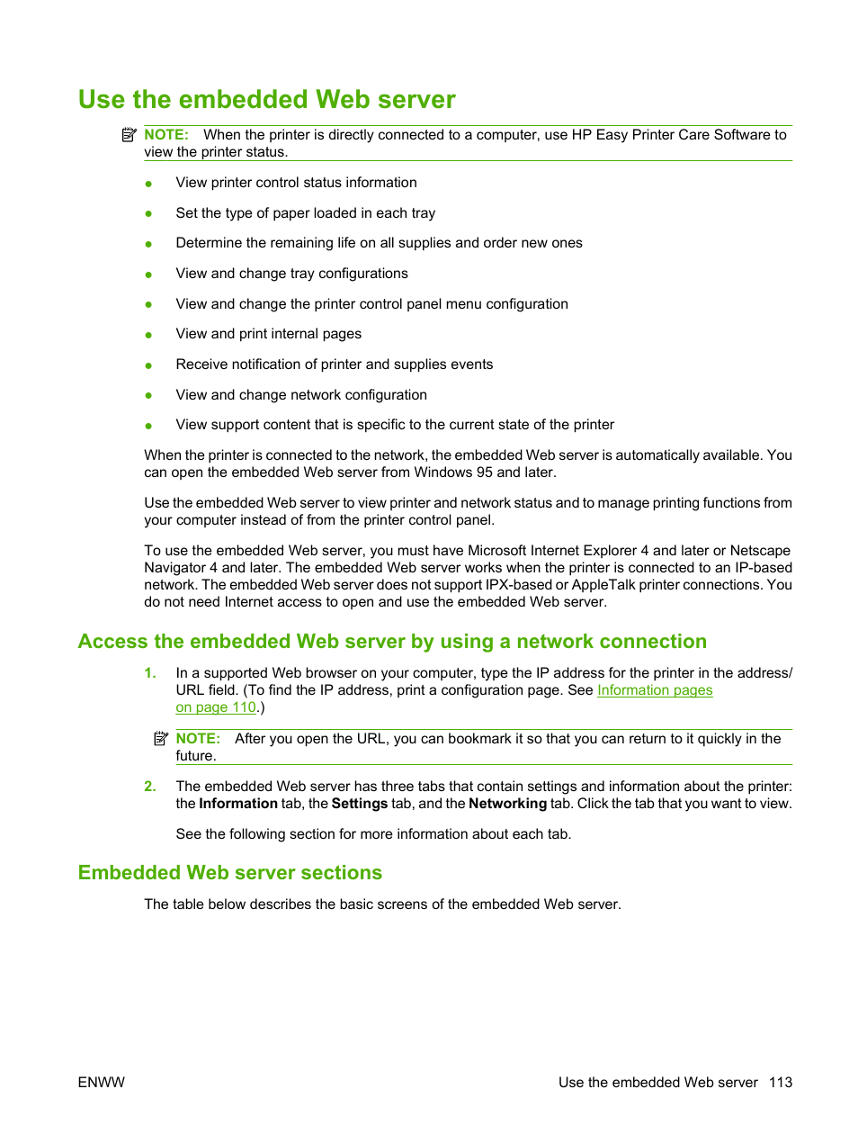 Use the embedded web server, Embedded web server sections, Use the | HP Color LaserJet CP3505 Printer series User Manual | Page 125 / 226