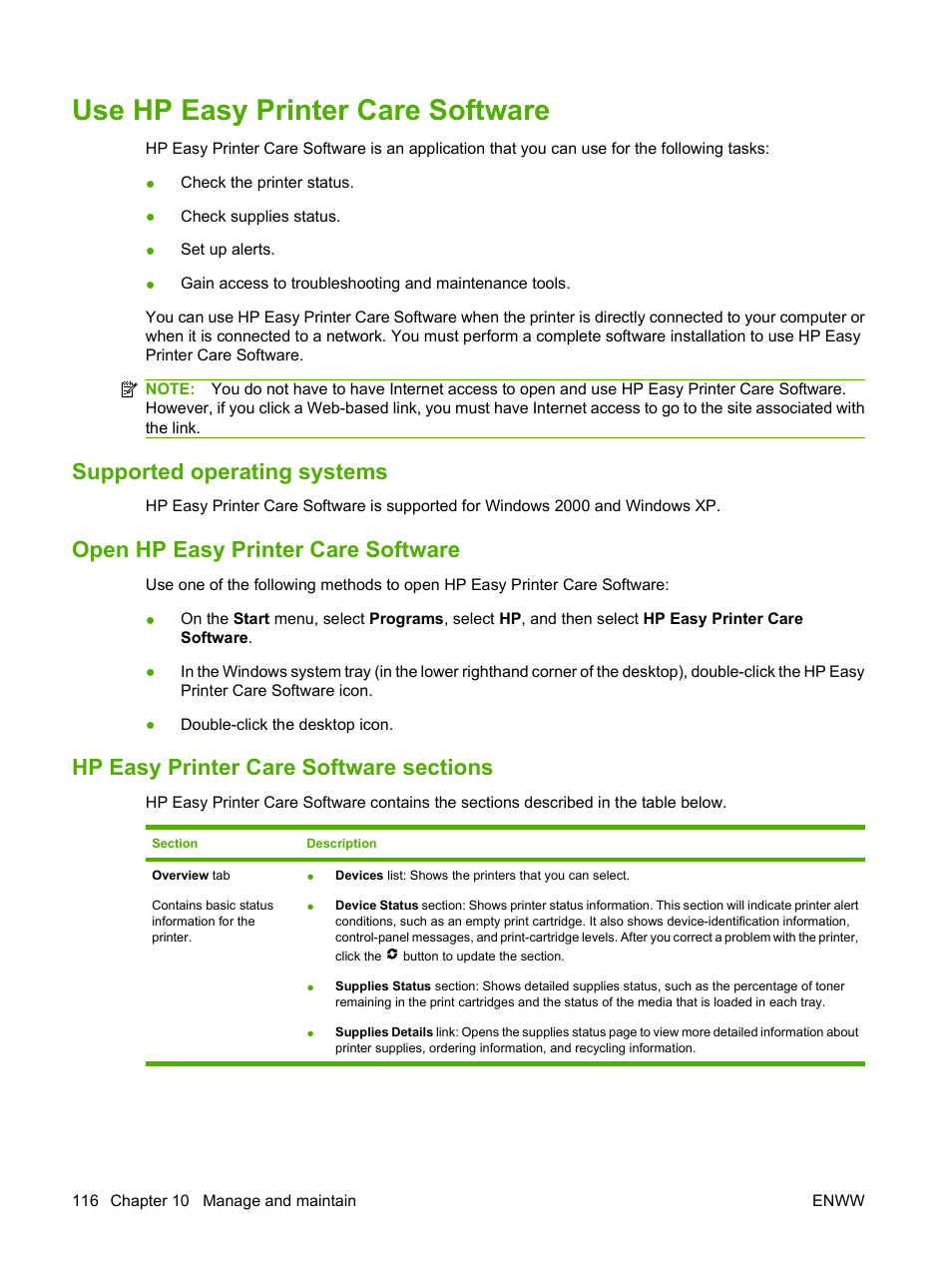 Use hp easy printer care software, Supported operating systems, Open hp easy printer care software | Hp easy printer care software sections | HP Color LaserJet CP3505 Printer series User Manual | Page 128 / 226