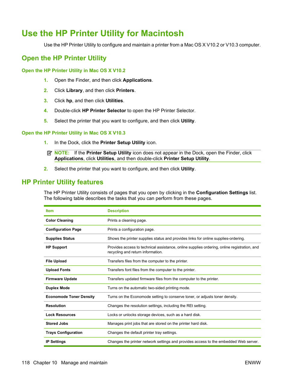 Use the hp printer utility for macintosh, Open the hp printer utility, Hp printer utility features | HP Color LaserJet CP3505 Printer series User Manual | Page 130 / 226