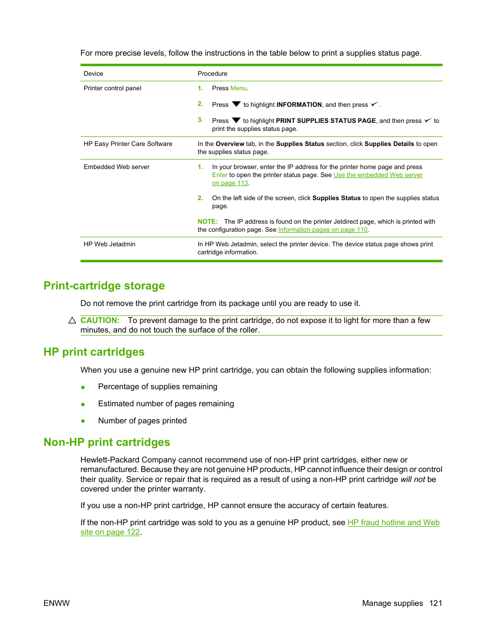 Print-cartridge storage, Hp print cartridges, Non-hp print cartridges | Non-hp print | HP Color LaserJet CP3505 Printer series User Manual | Page 133 / 226
