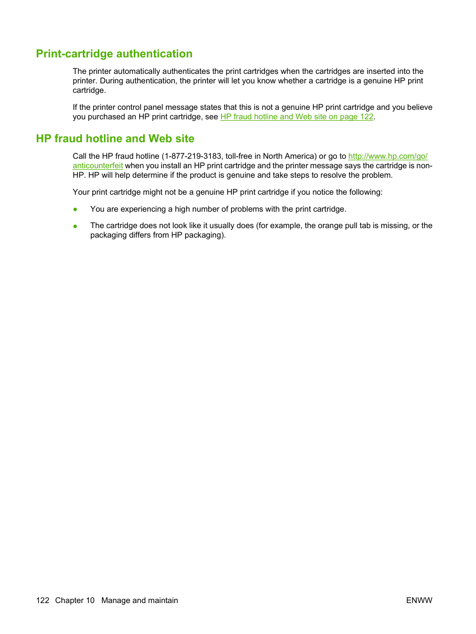 Print-cartridge authentication, Hp fraud hotline and web site, Hp fraud hotline and web | HP Color LaserJet CP3505 Printer series User Manual | Page 134 / 226