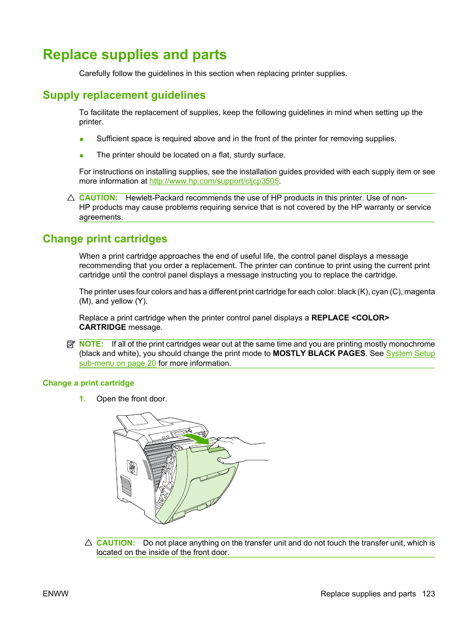 Replace supplies and parts, Supply replacement guidelines, Change print cartridges | HP Color LaserJet CP3505 Printer series User Manual | Page 135 / 226