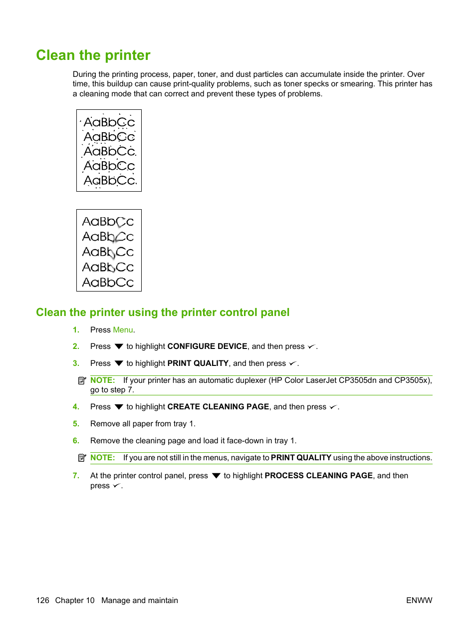Clean the printer, Clean the printer using the printer control panel, Clean the | For m | HP Color LaserJet CP3505 Printer series User Manual | Page 138 / 226