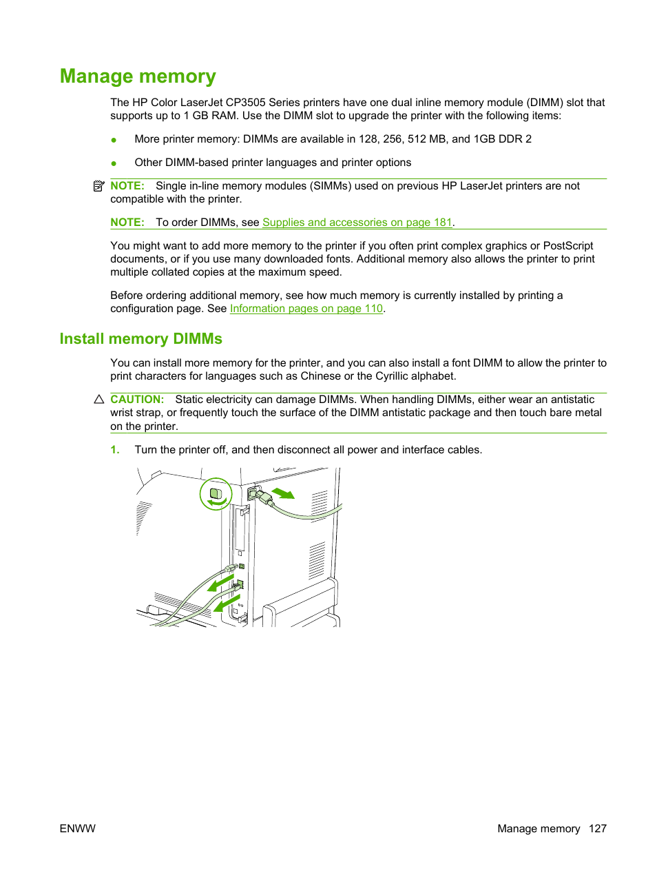 Manage memory, Install memory dimms | HP Color LaserJet CP3505 Printer series User Manual | Page 139 / 226