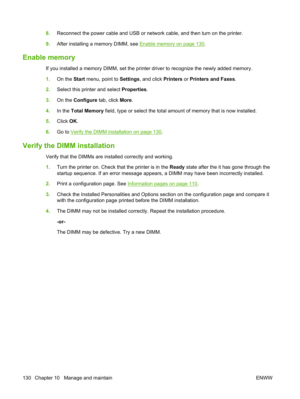Enable memory, Verify the dimm installation, Enable memory verify the dimm installation | HP Color LaserJet CP3505 Printer series User Manual | Page 142 / 226