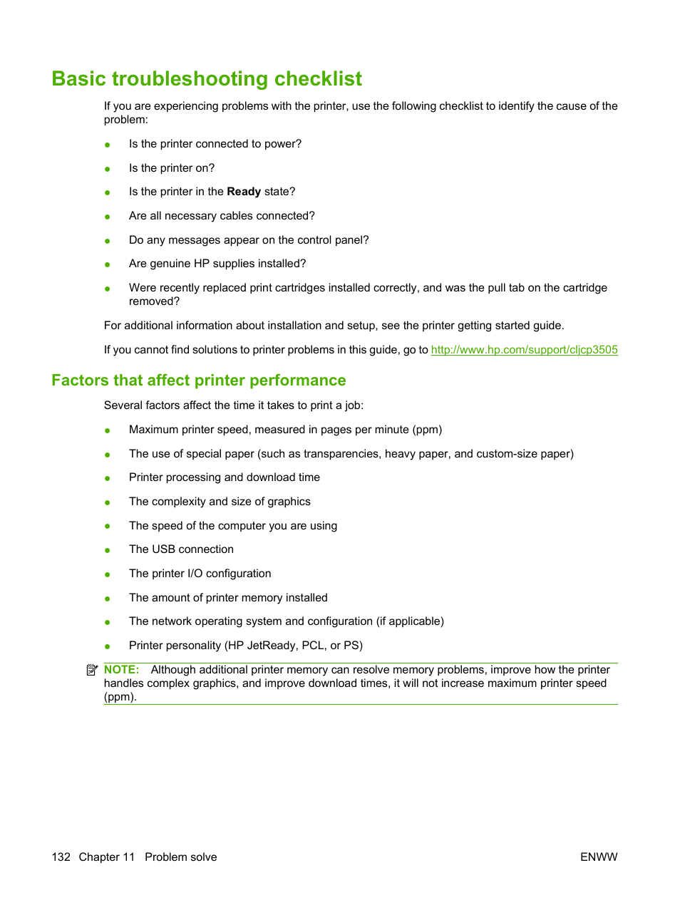 Basic troubleshooting checklist, Factors that affect printer performance | HP Color LaserJet CP3505 Printer series User Manual | Page 144 / 226