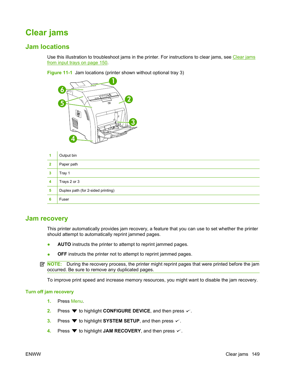 Clear jams, Jam locations, Jam recovery | Jam locations jam recovery | HP Color LaserJet CP3505 Printer series User Manual | Page 161 / 226
