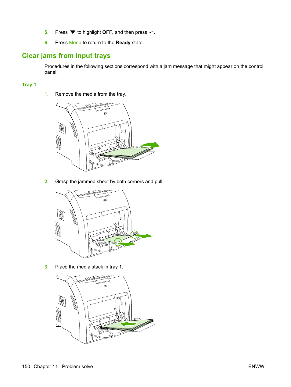 Clear jams from input trays | HP Color LaserJet CP3505 Printer series User Manual | Page 162 / 226