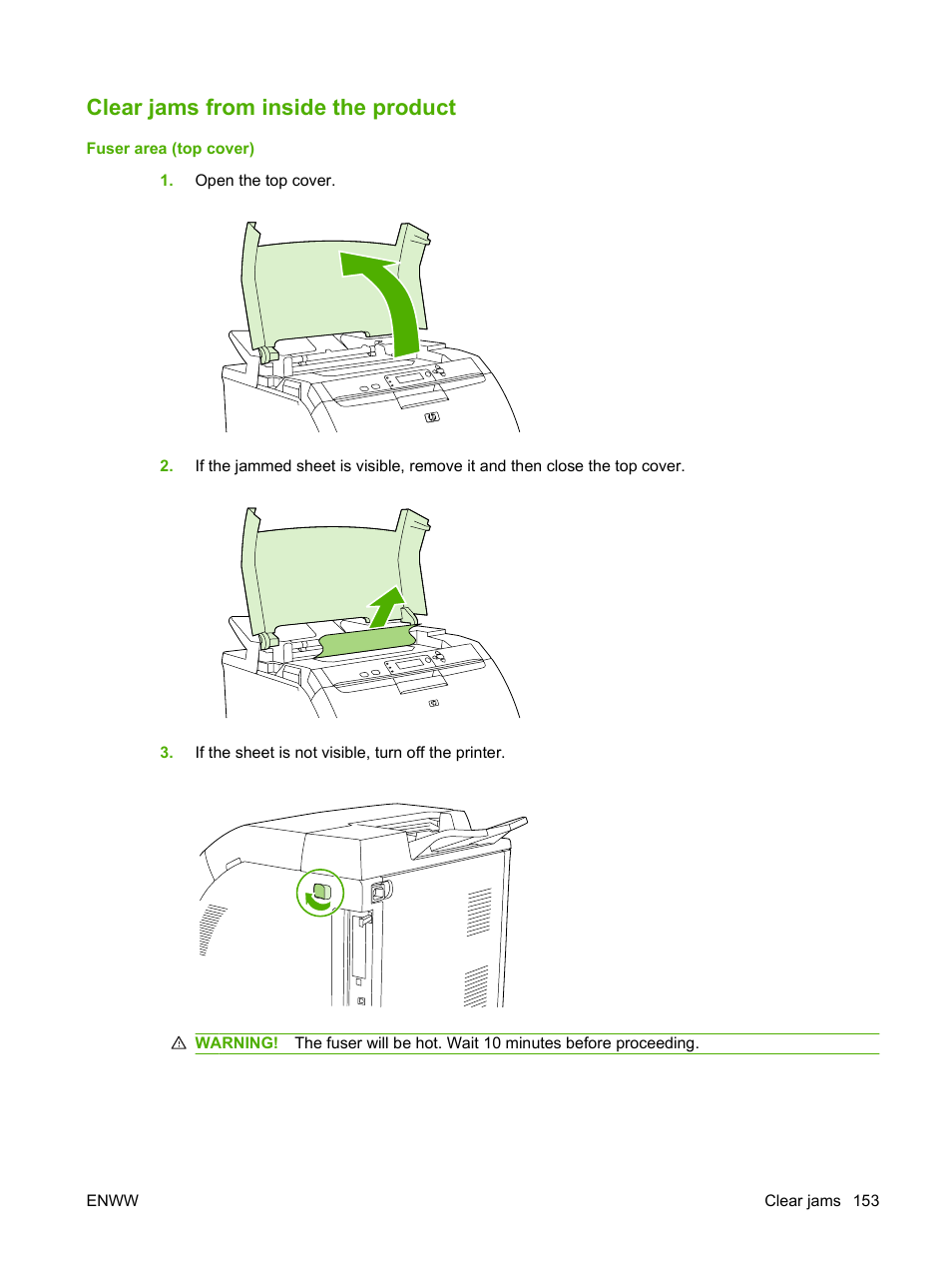 Clear jams from inside the product | HP Color LaserJet CP3505 Printer series User Manual | Page 165 / 226