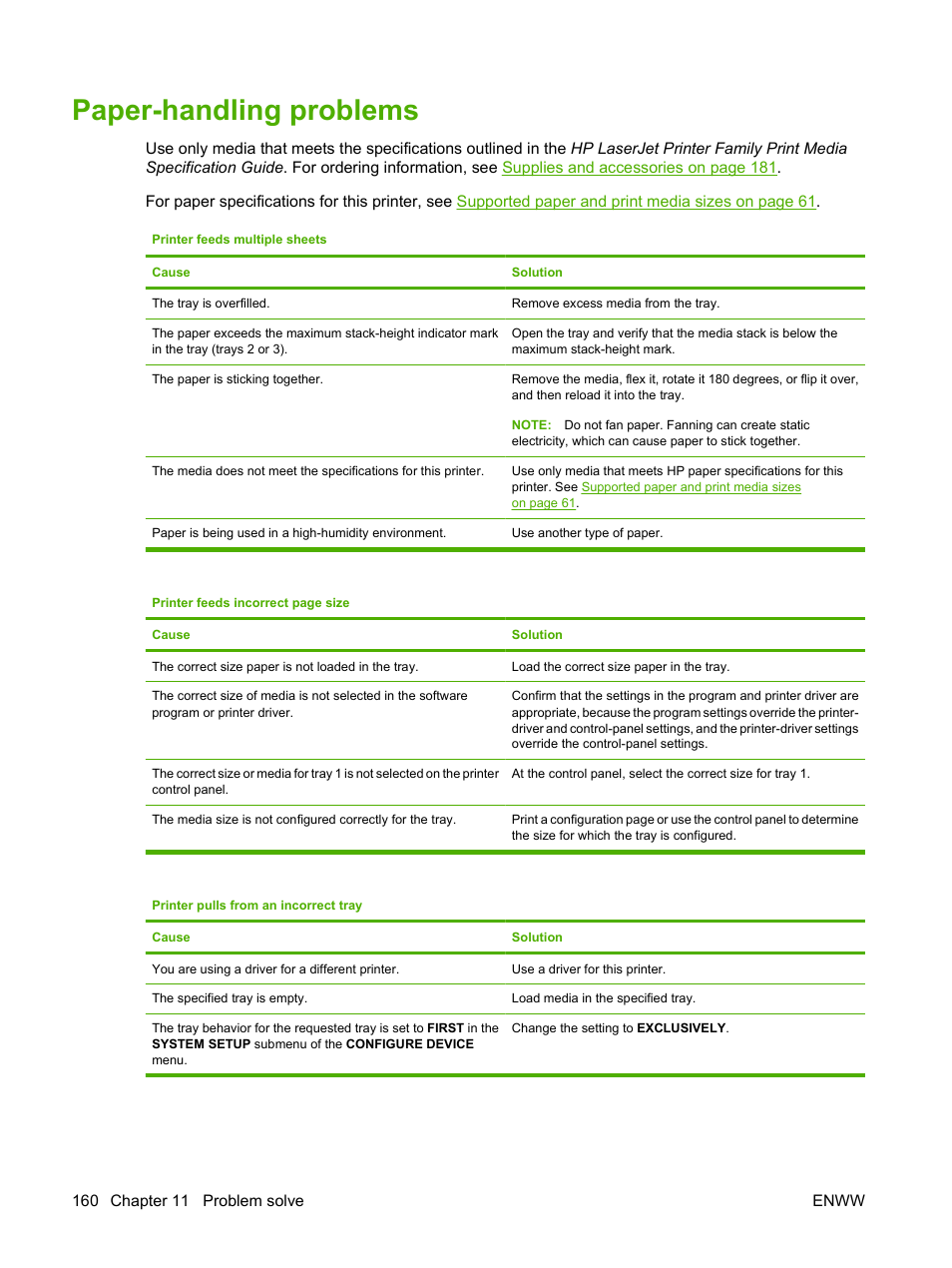 Paper-handling problems | HP Color LaserJet CP3505 Printer series User Manual | Page 172 / 226