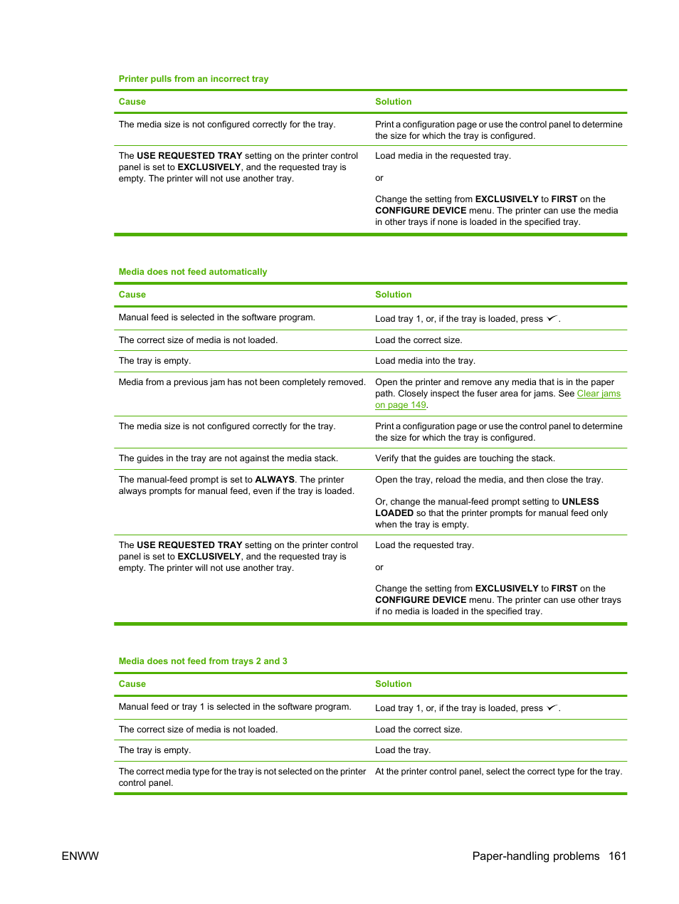 Enww paper-handling problems 161 | HP Color LaserJet CP3505 Printer series User Manual | Page 173 / 226
