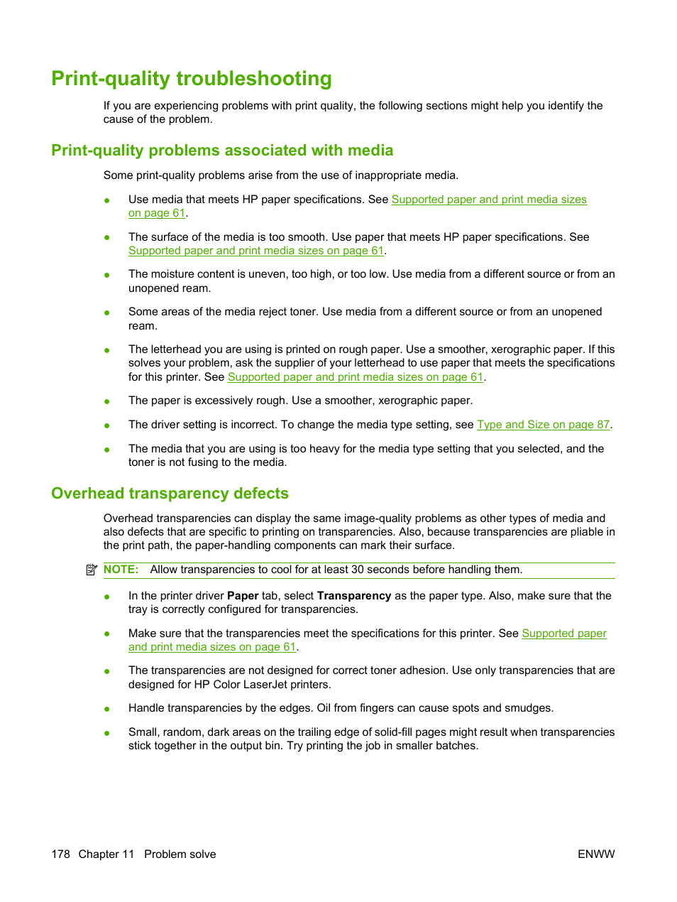 Print-quality troubleshooting, Print-quality problems associated with media, Overhead transparency defects | HP Color LaserJet CP3505 Printer series User Manual | Page 190 / 226