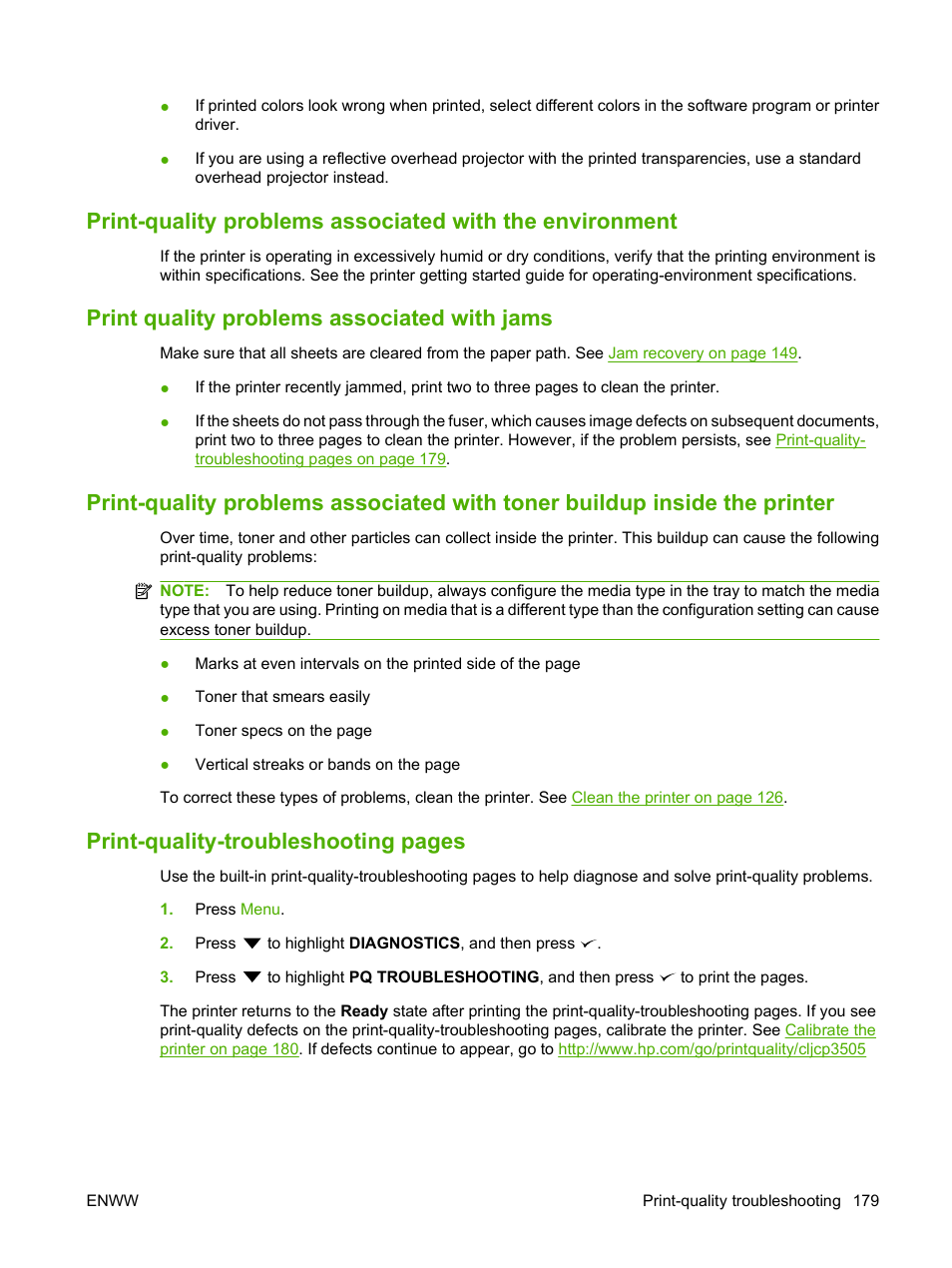 Print quality problems associated with jams, Print-quality-troubleshooting pages | HP Color LaserJet CP3505 Printer series User Manual | Page 191 / 226