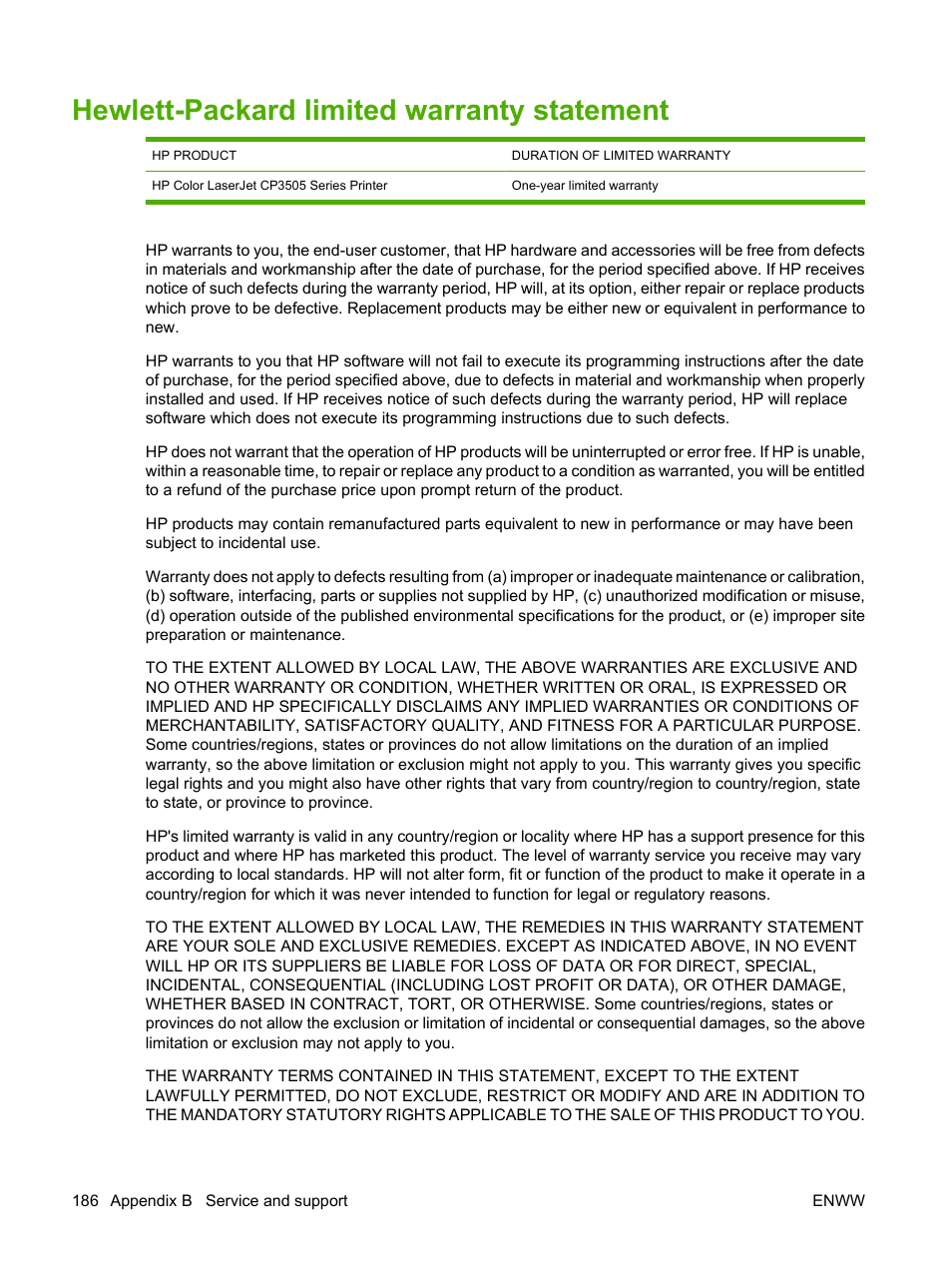 Hewlett-packard limited warranty statement | HP Color LaserJet CP3505 Printer series User Manual | Page 198 / 226