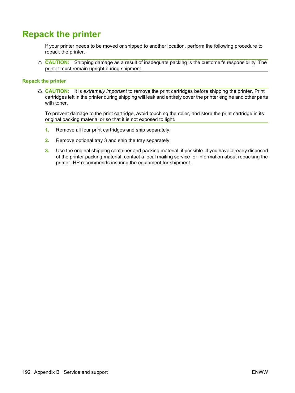 Repack the printer | HP Color LaserJet CP3505 Printer series User Manual | Page 204 / 226