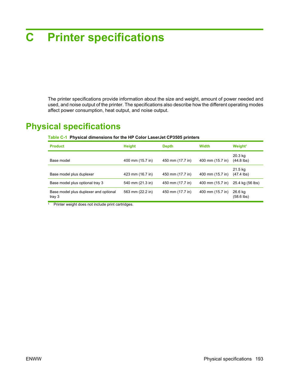 Printer specifications, Physical specifications, Appendix c printer specifications | Cprinter specifications | HP Color LaserJet CP3505 Printer series User Manual | Page 205 / 226