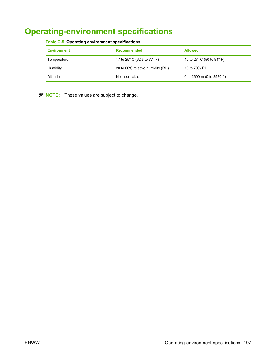 Operating-environment specifications | HP Color LaserJet CP3505 Printer series User Manual | Page 209 / 226