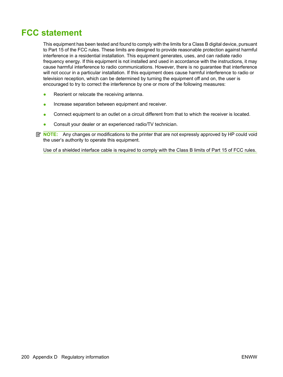 Fcc statement | HP Color LaserJet CP3505 Printer series User Manual | Page 212 / 226