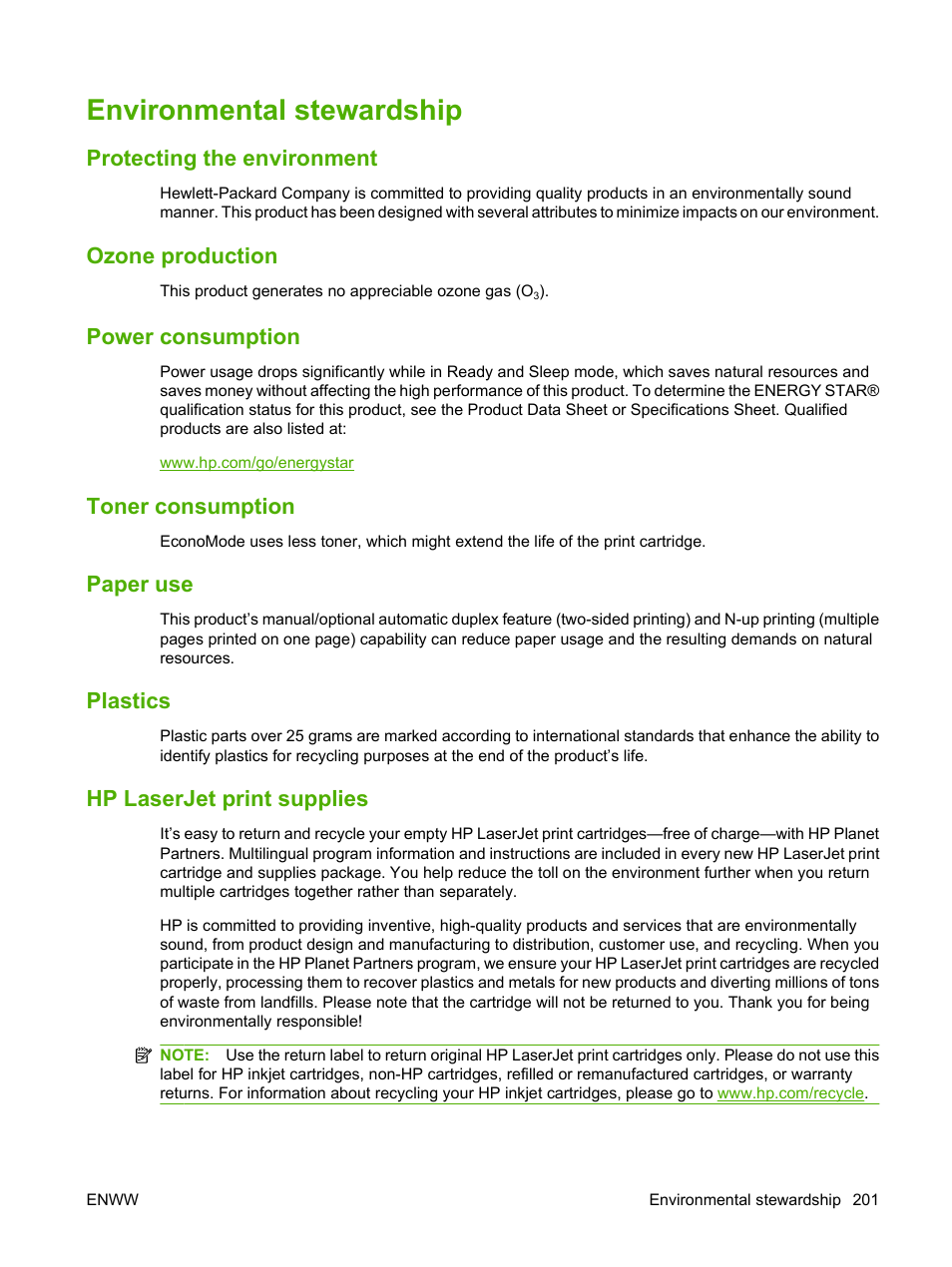 Environmental stewardship, Protecting the environment, Ozone production | Power consumption, Toner consumption, Paper use, Plastics, Hp laserjet print supplies | HP Color LaserJet CP3505 Printer series User Manual | Page 213 / 226