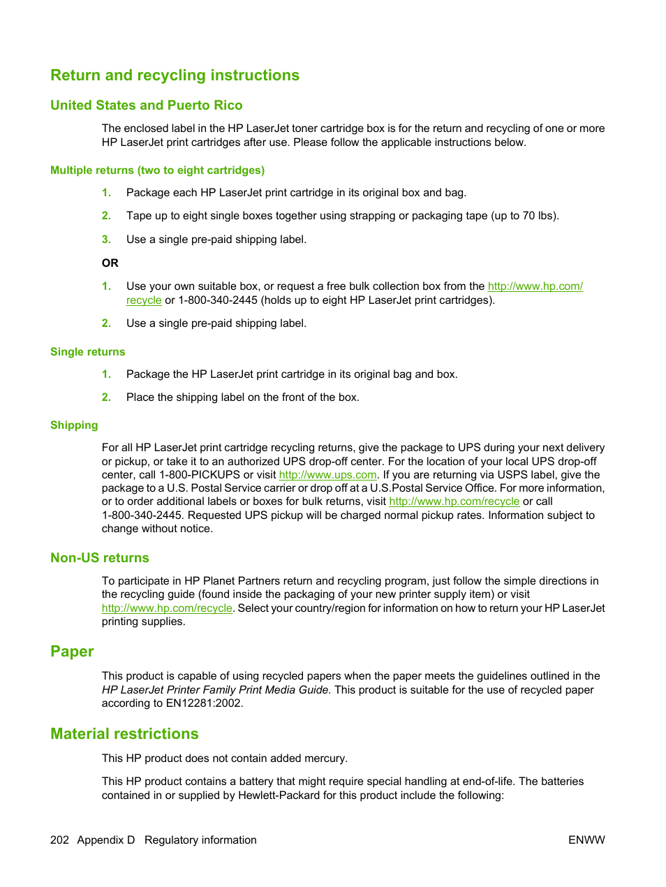 Return and recycling instructions, United states and puerto rico, Multiple returns (two to eight cartridges) | Single returns, Shipping, Non-us returns, Paper, Material restrictions, Paper material restrictions | HP Color LaserJet CP3505 Printer series User Manual | Page 214 / 226