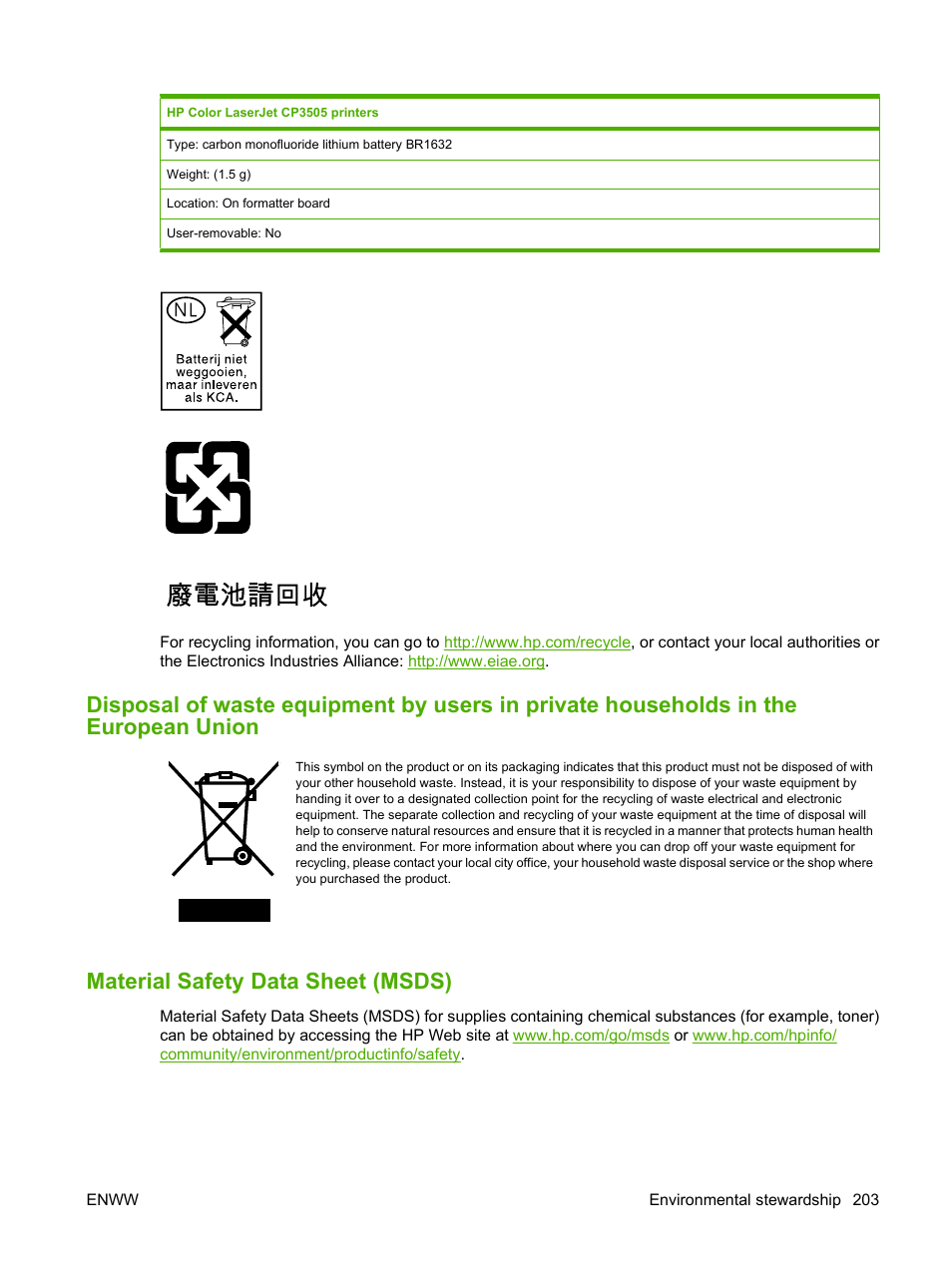 Material safety data sheet (msds) | HP Color LaserJet CP3505 Printer series User Manual | Page 215 / 226
