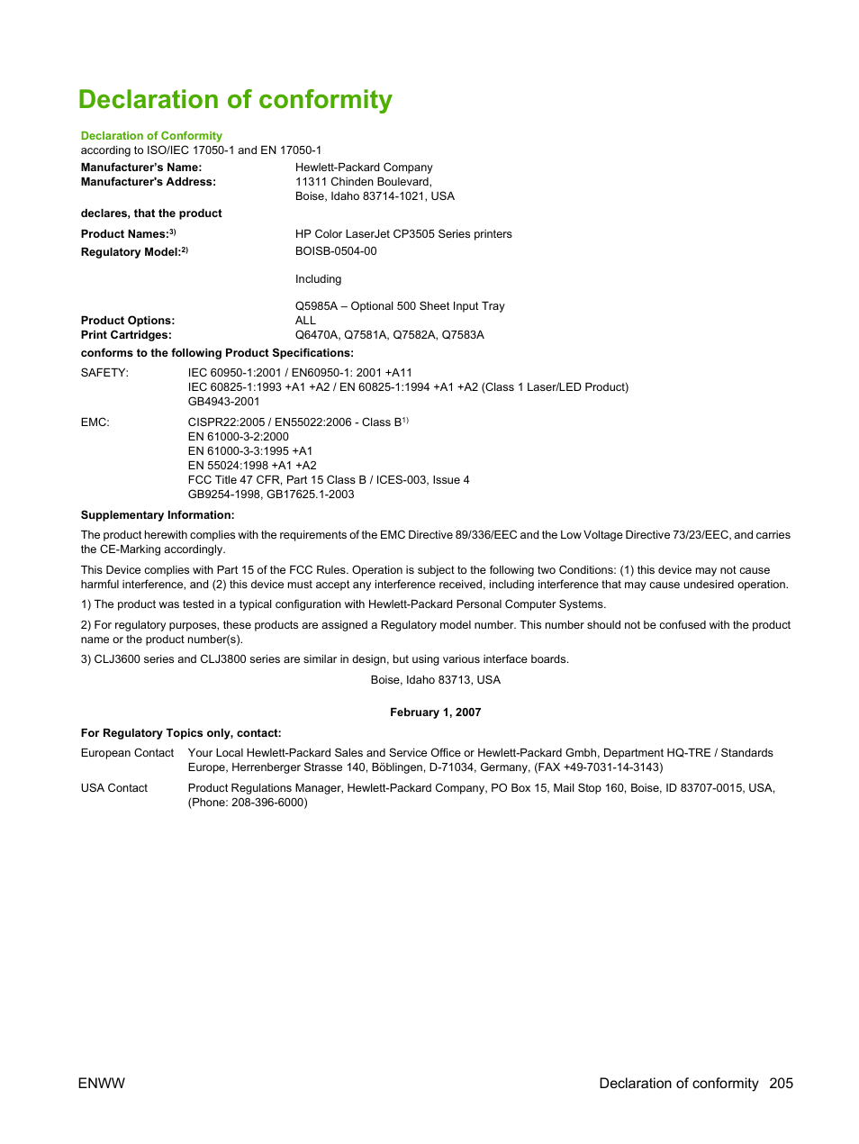 Declaration of conformity, Enww declaration of conformity 205 | HP Color LaserJet CP3505 Printer series User Manual | Page 217 / 226