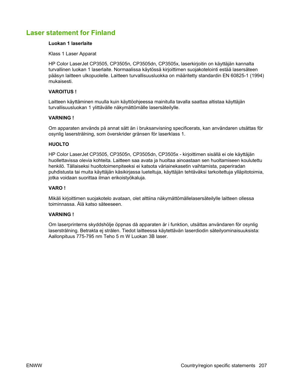 Laser statement for finland | HP Color LaserJet CP3505 Printer series User Manual | Page 219 / 226