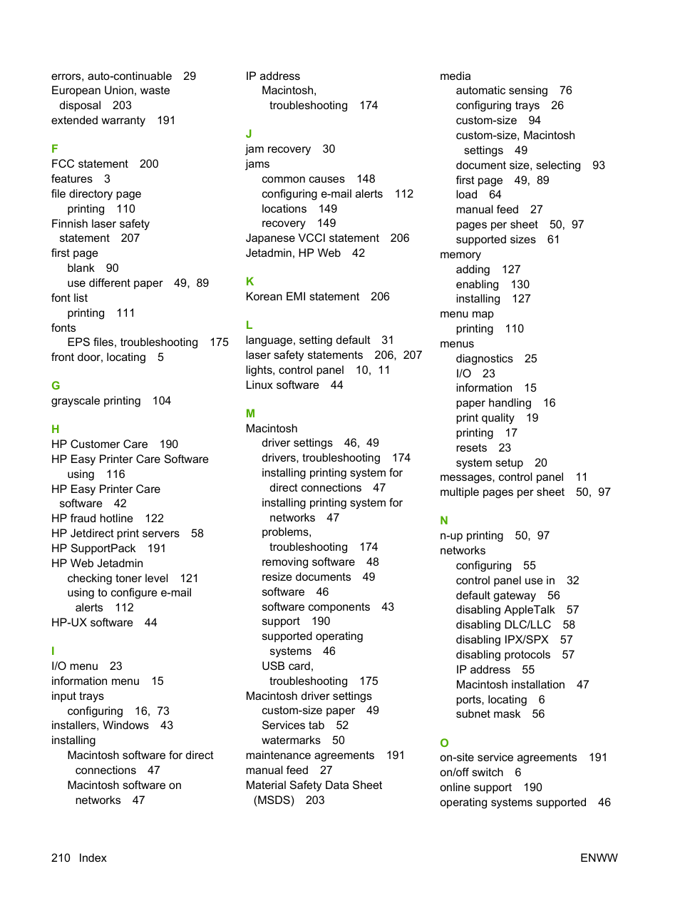 HP Color LaserJet CP3505 Printer series User Manual | Page 222 / 226