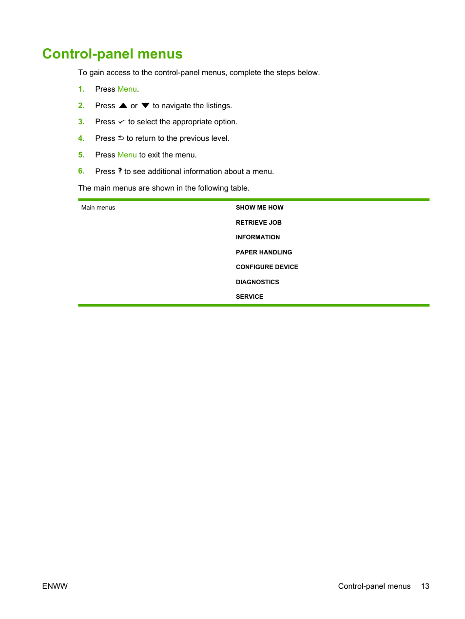 Control-panel menus | HP Color LaserJet CP3505 Printer series User Manual | Page 25 / 226