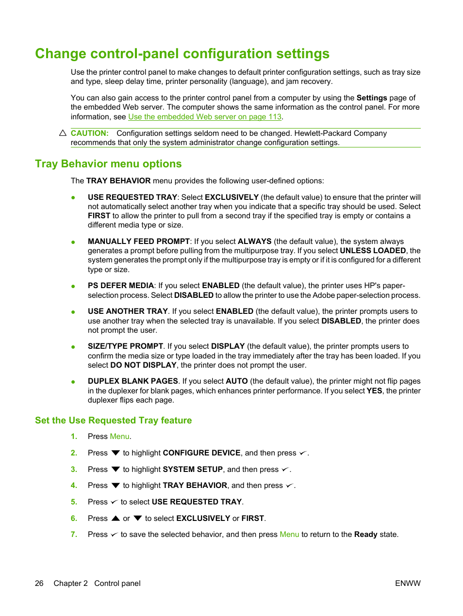 Change control-panel configuration settings, Tray behavior menu options, Set the use requested tray feature | Change control-panel | HP Color LaserJet CP3505 Printer series User Manual | Page 38 / 226