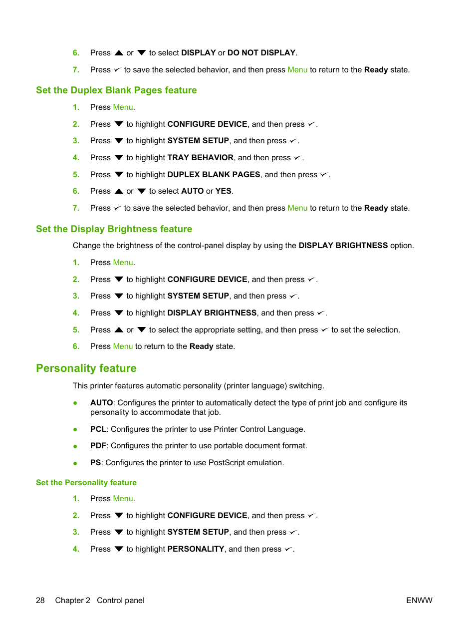 Set the display brightness feature, Personality feature | HP Color LaserJet CP3505 Printer series User Manual | Page 40 / 226