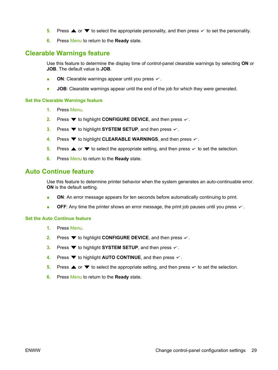 Clearable warnings feature, Auto continue feature, Clearable warnings feature auto continue feature | HP Color LaserJet CP3505 Printer series User Manual | Page 41 / 226