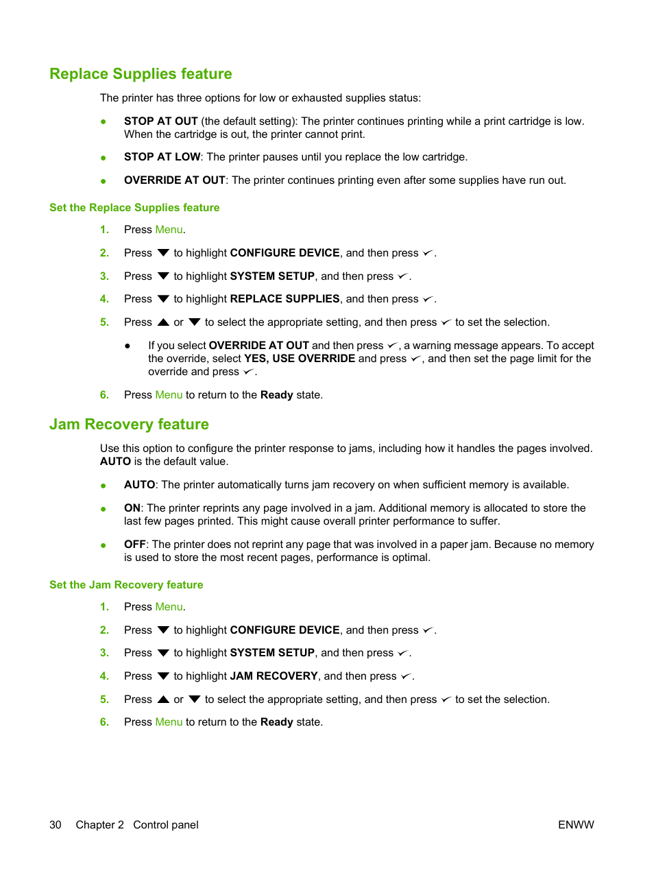 Replace supplies feature, Jam recovery feature, Replace supplies feature jam recovery feature | For m | HP Color LaserJet CP3505 Printer series User Manual | Page 42 / 226