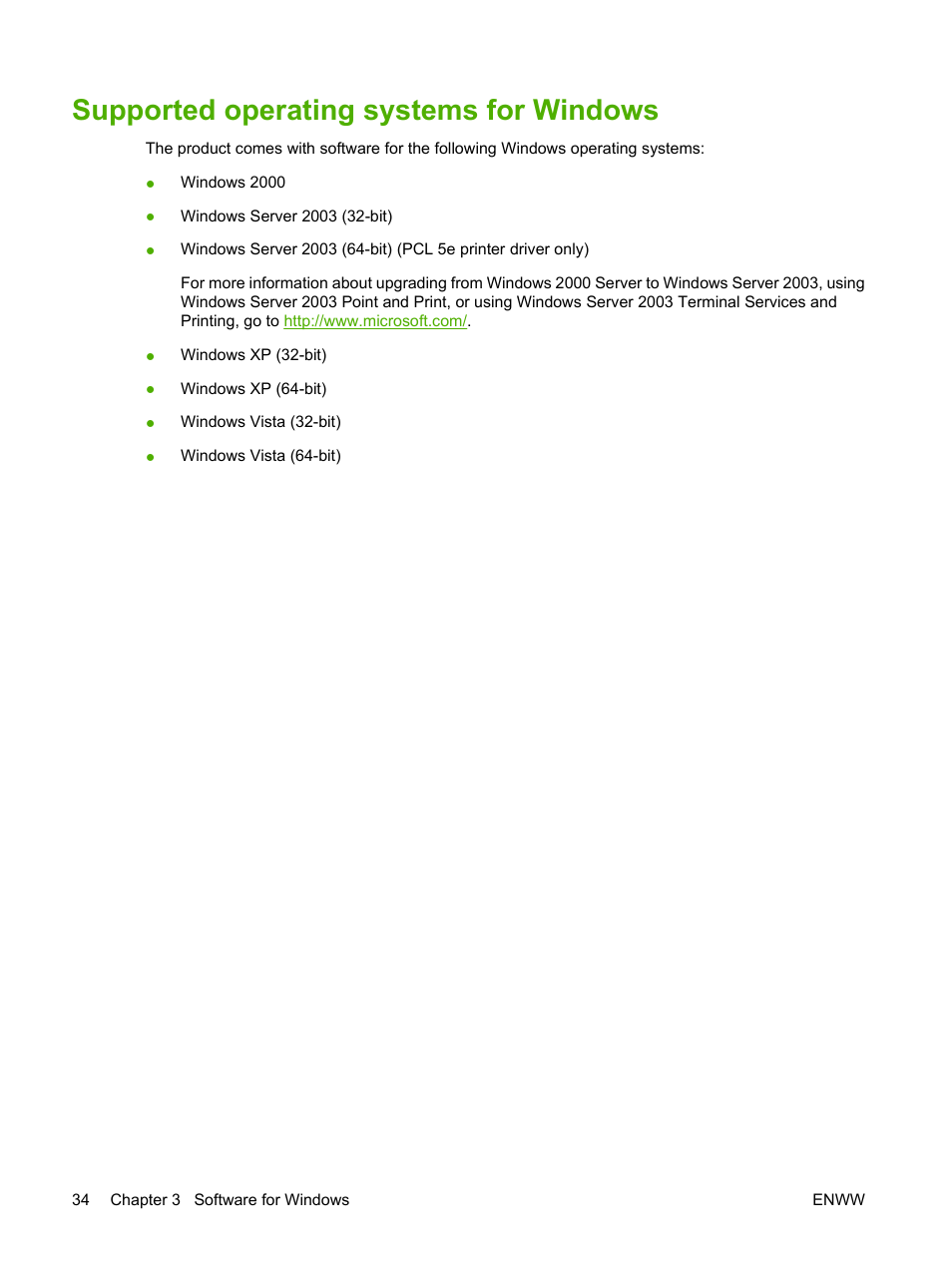 Supported operating systems for windows | HP Color LaserJet CP3505 Printer series User Manual | Page 46 / 226