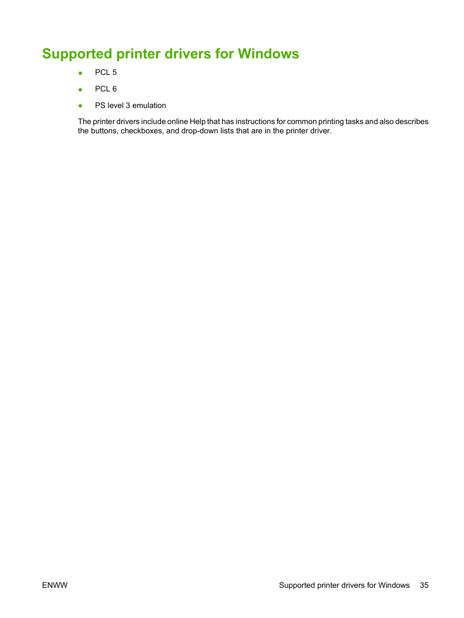 Supported printer drivers for windows | HP Color LaserJet CP3505 Printer series User Manual | Page 47 / 226