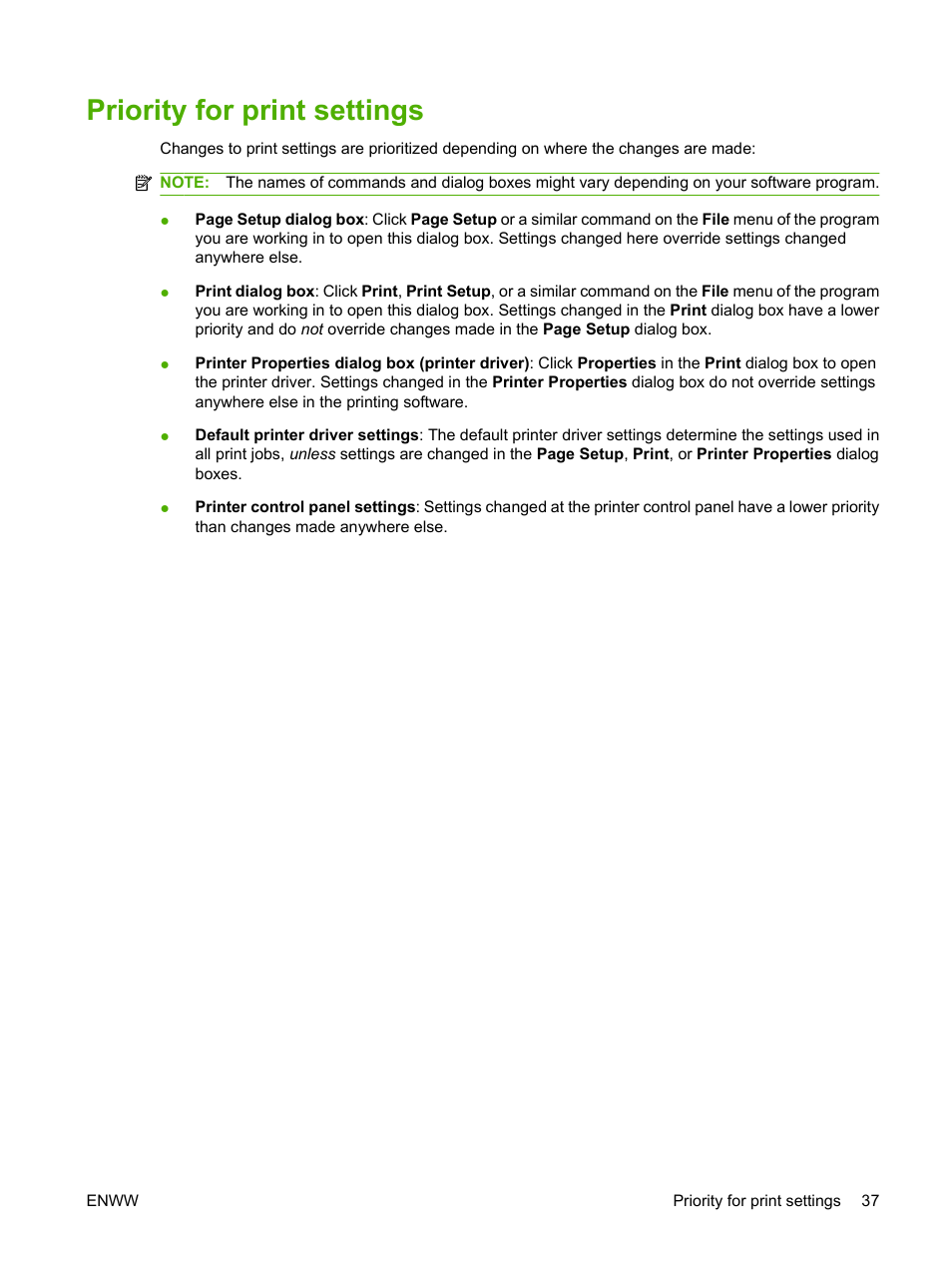 Priority for print settings | HP Color LaserJet CP3505 Printer series User Manual | Page 49 / 226