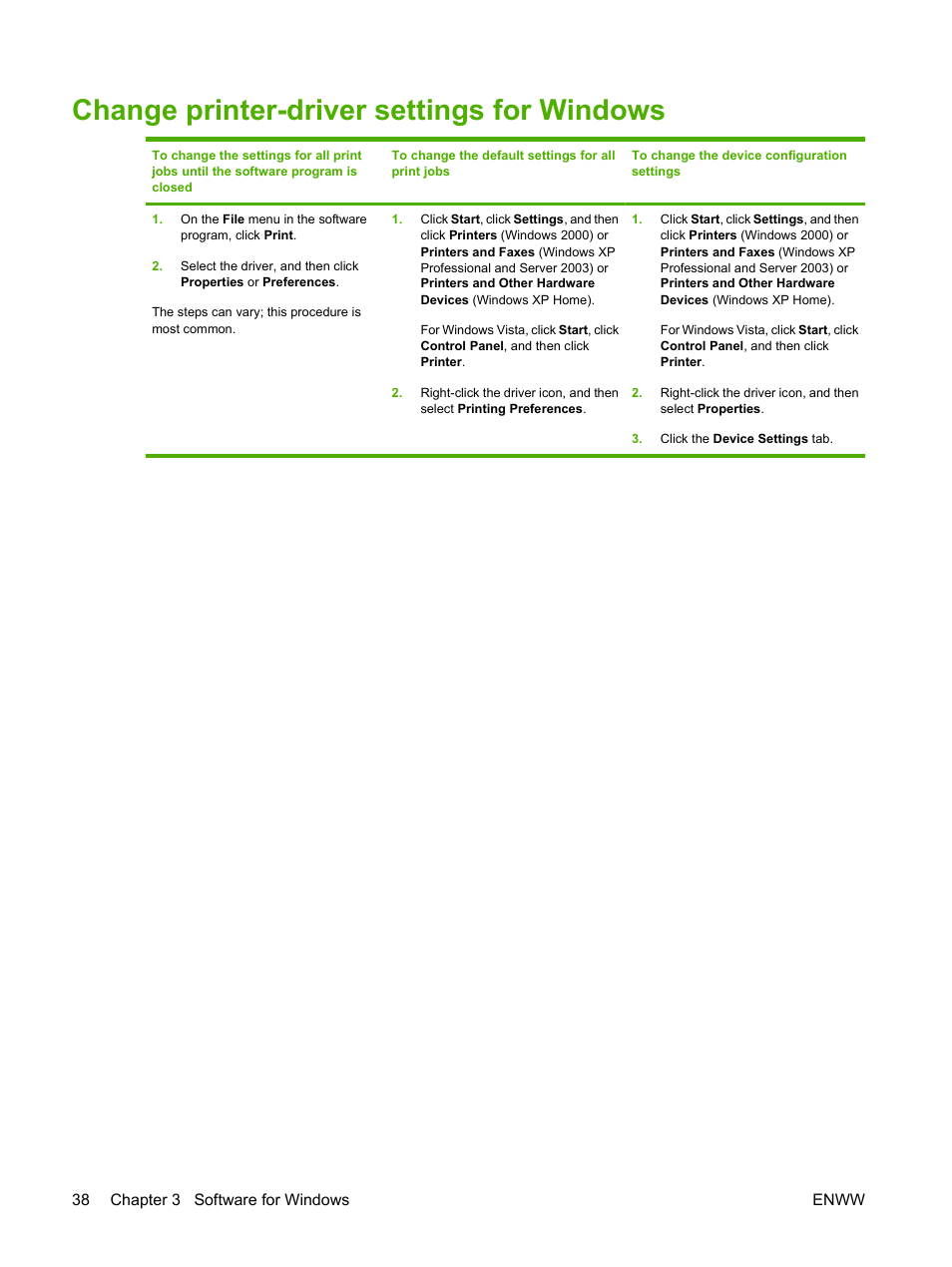 Change printer-driver settings for windows | HP Color LaserJet CP3505 Printer series User Manual | Page 50 / 226