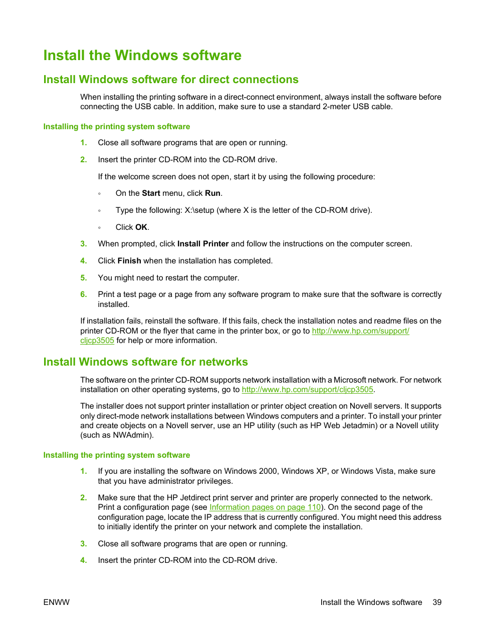 Install the windows software, Install windows software for direct connections, Install windows software for networks | HP Color LaserJet CP3505 Printer series User Manual | Page 51 / 226