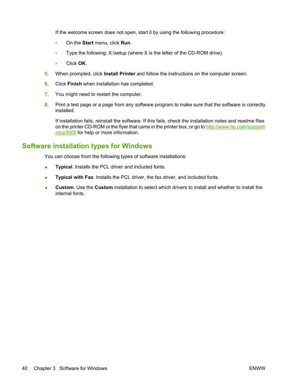 Software installation types for windows | HP Color LaserJet CP3505 Printer series User Manual | Page 52 / 226