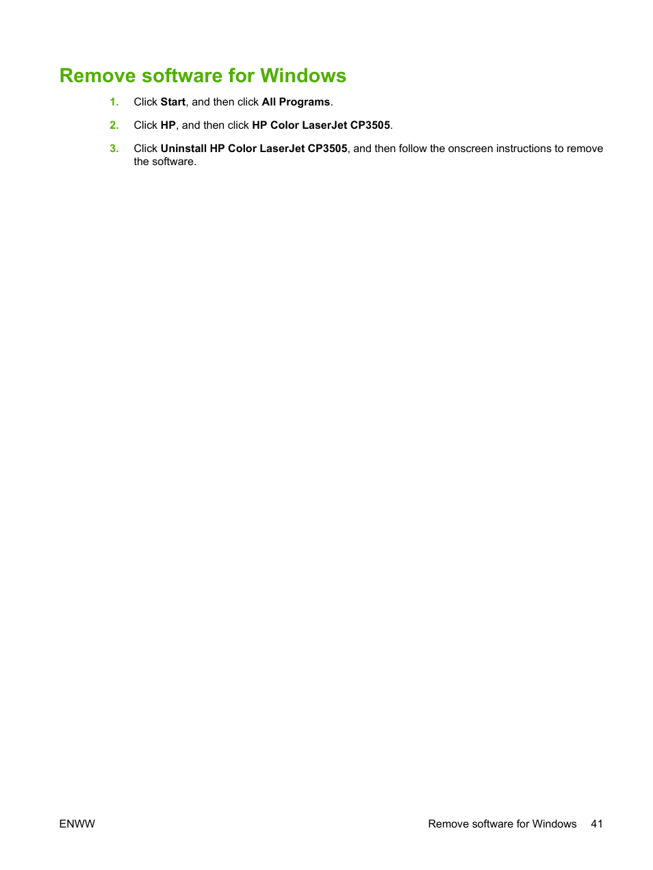 Remove software for windows | HP Color LaserJet CP3505 Printer series User Manual | Page 53 / 226