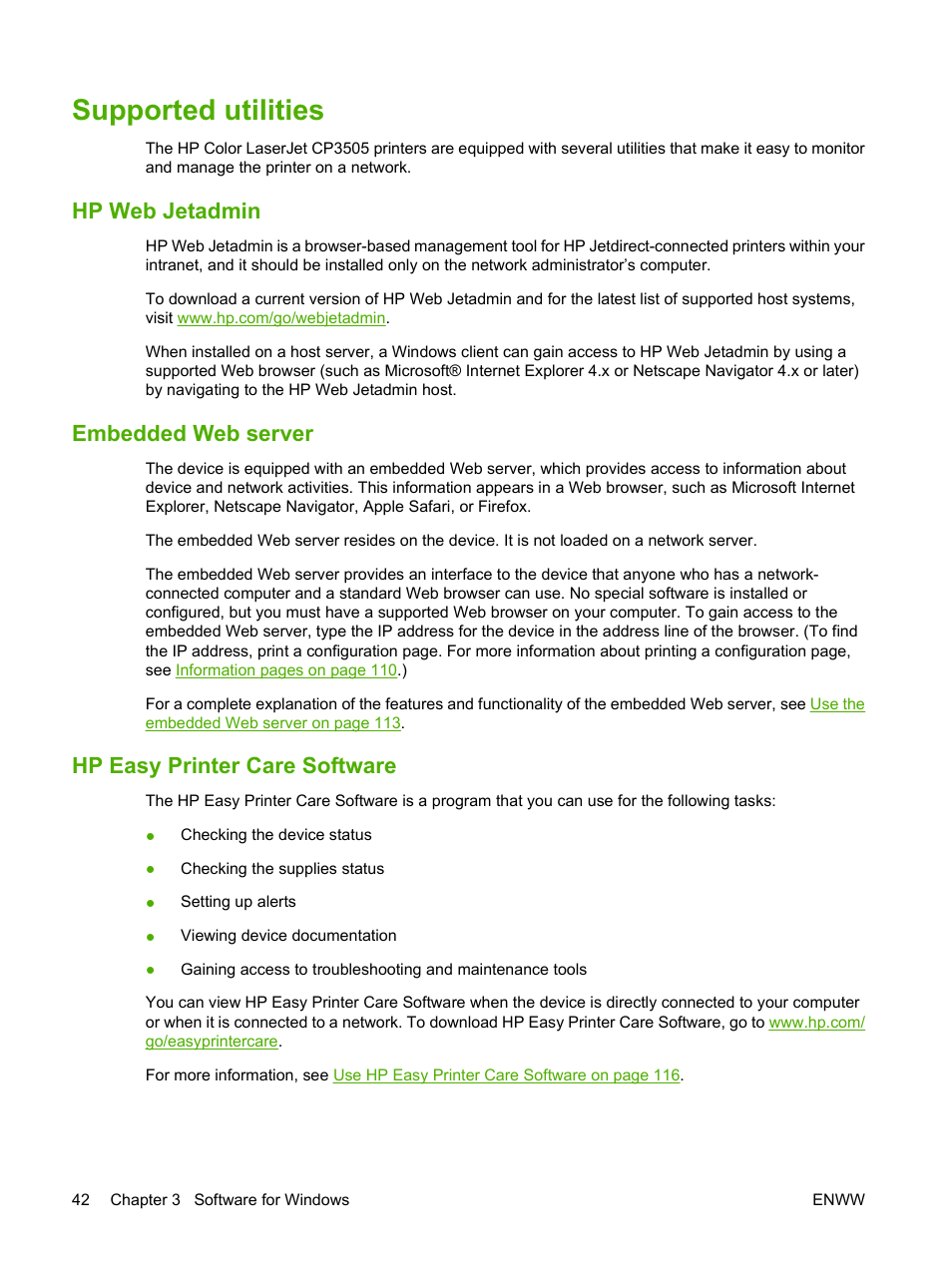 Supported utilities, Hp web jetadmin, Embedded web server | Hp easy printer care software | HP Color LaserJet CP3505 Printer series User Manual | Page 54 / 226