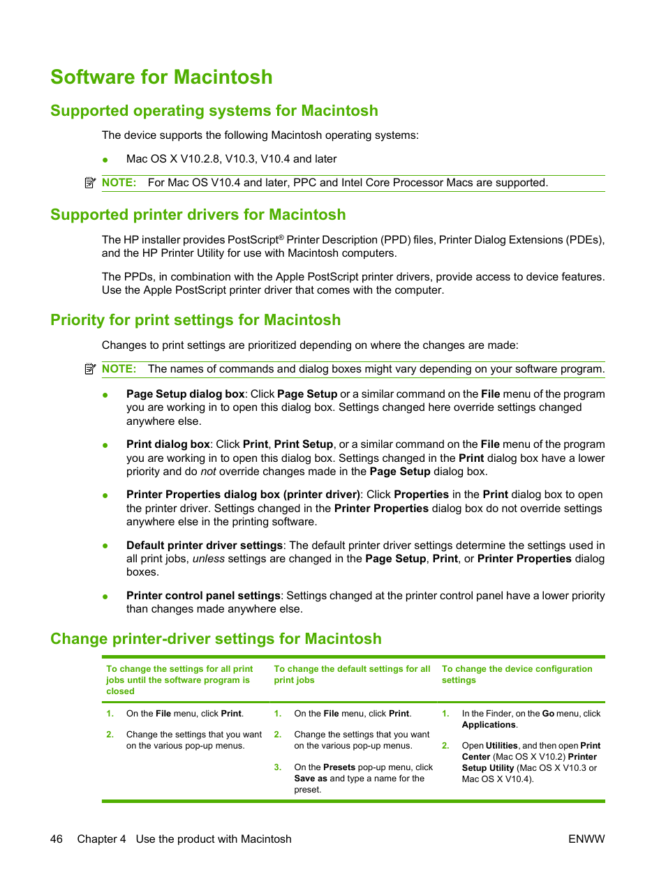 Software for macintosh, Supported operating systems for macintosh, Supported printer drivers for macintosh | Priority for print settings for macintosh, Change printer-driver settings for macintosh | HP Color LaserJet CP3505 Printer series User Manual | Page 58 / 226