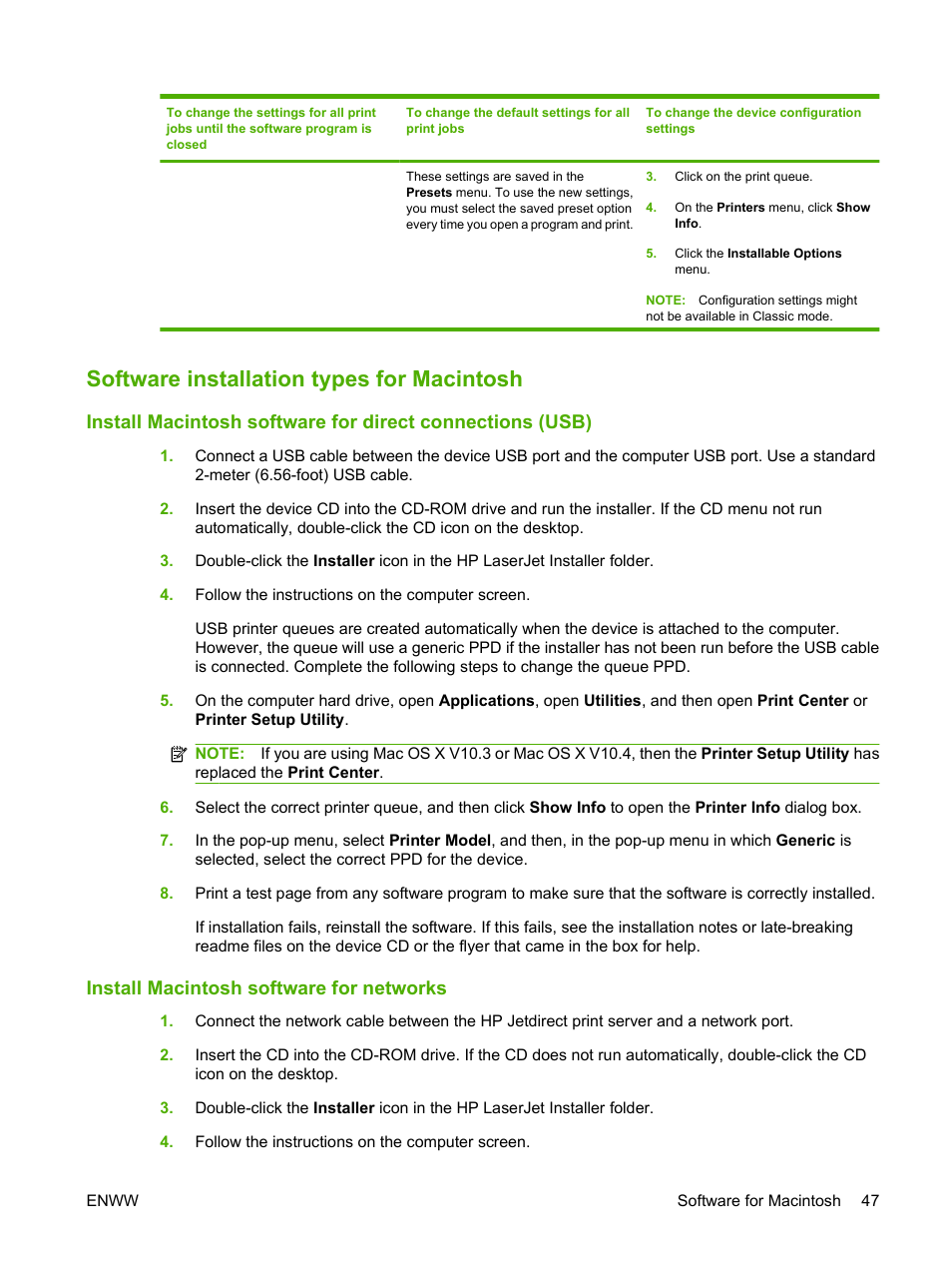 Software installation types for macintosh, Install macintosh software for networks | HP Color LaserJet CP3505 Printer series User Manual | Page 59 / 226