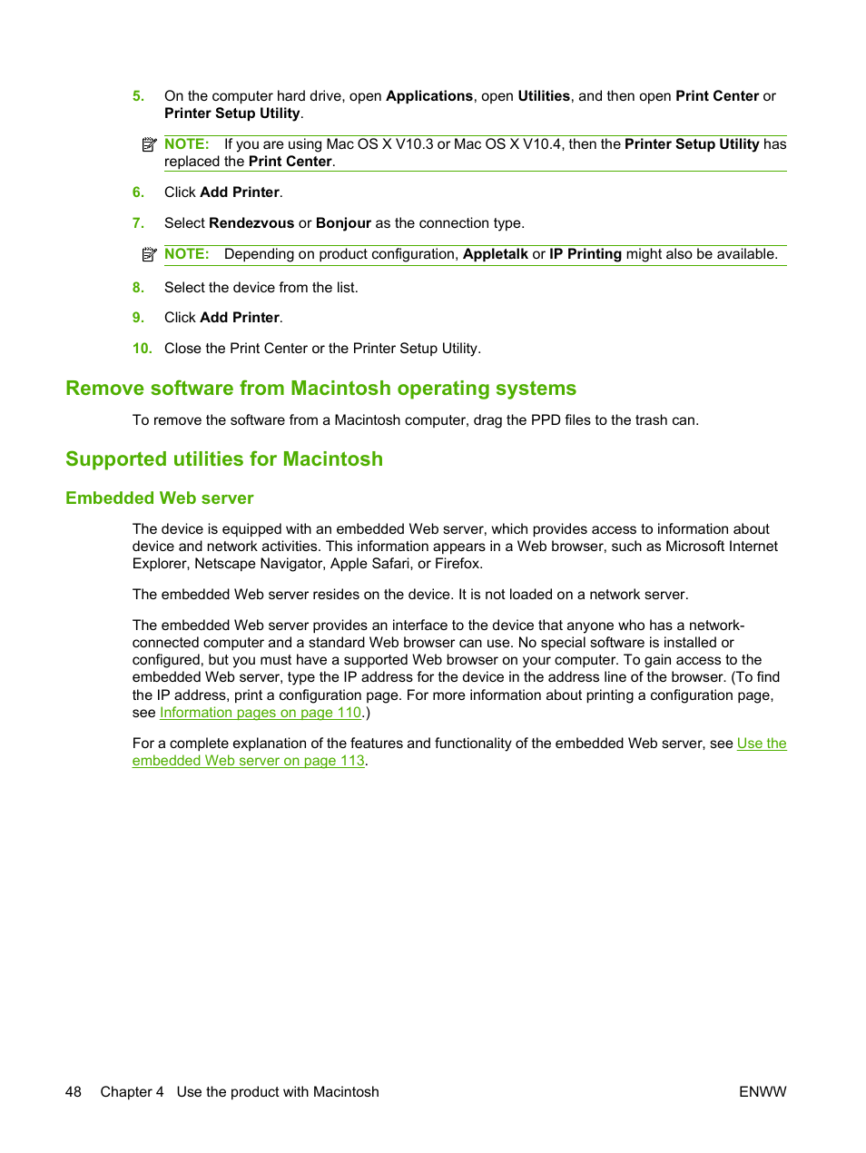 Remove software from macintosh operating systems, Supported utilities for macintosh, Embedded web server | HP Color LaserJet CP3505 Printer series User Manual | Page 60 / 226
