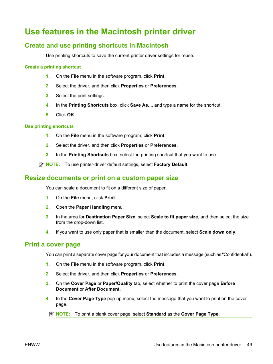 Use features in the macintosh printer driver, Create and use printing shortcuts in macintosh, Resize documents or print on a custom paper size | Print a cover page | HP Color LaserJet CP3505 Printer series User Manual | Page 61 / 226