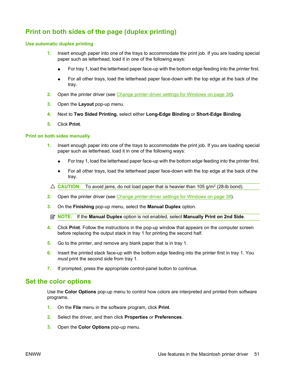 Set the color options, Print on both sides of the page (duplex printing) | HP Color LaserJet CP3505 Printer series User Manual | Page 63 / 226