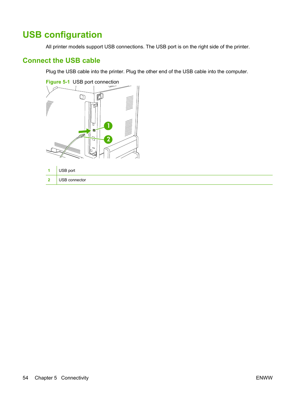 Usb configuration, Connect the usb cable | HP Color LaserJet CP3505 Printer series User Manual | Page 66 / 226