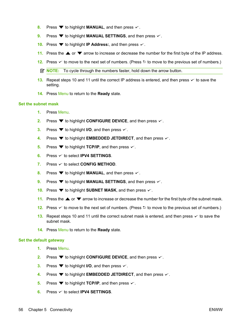 Set the subnet mask, Set the default gateway, Set the subnet mask set the default gateway | HP Color LaserJet CP3505 Printer series User Manual | Page 68 / 226