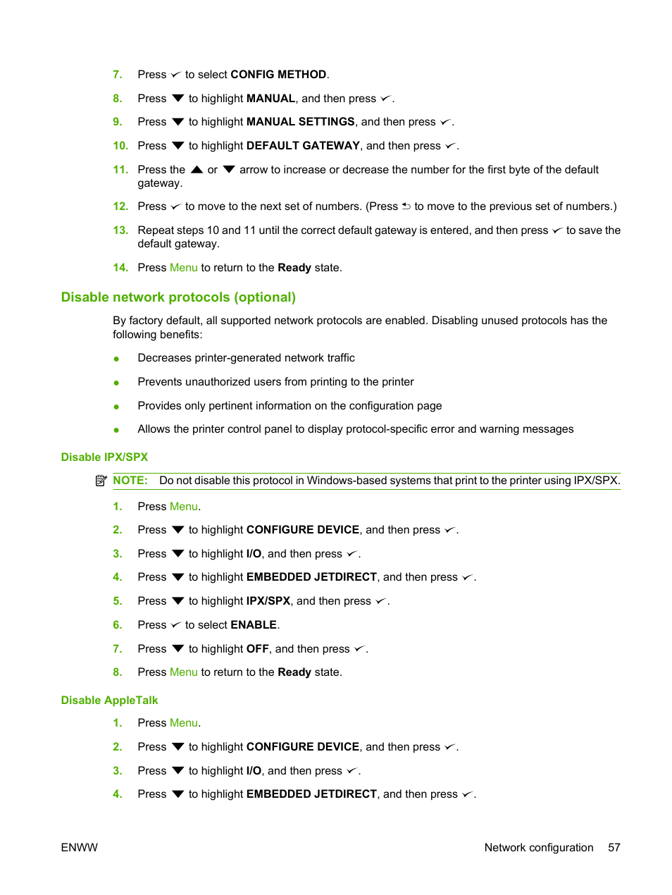 Disable network protocols (optional), Disable ipx/spx, Disable appletalk | Disable ipx/spx disable appletalk | HP Color LaserJet CP3505 Printer series User Manual | Page 69 / 226